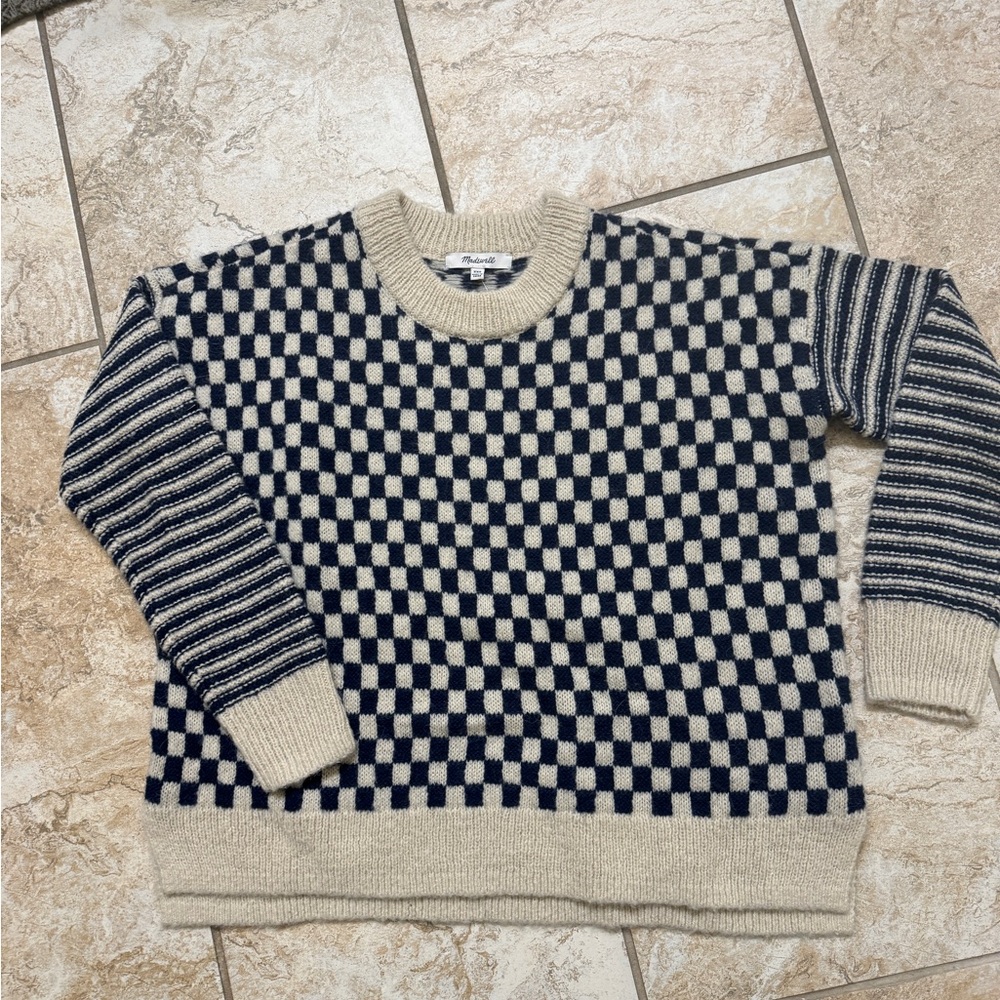 Madewell blue/cream checkered and stripe sweater NWT